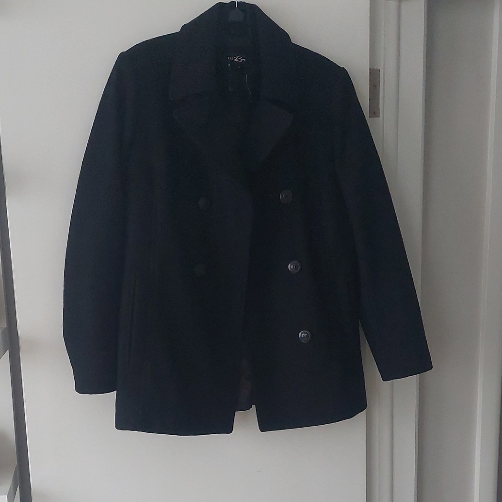 Men’s Small Rivet Black Pea Coat,  Layered Sweater Look